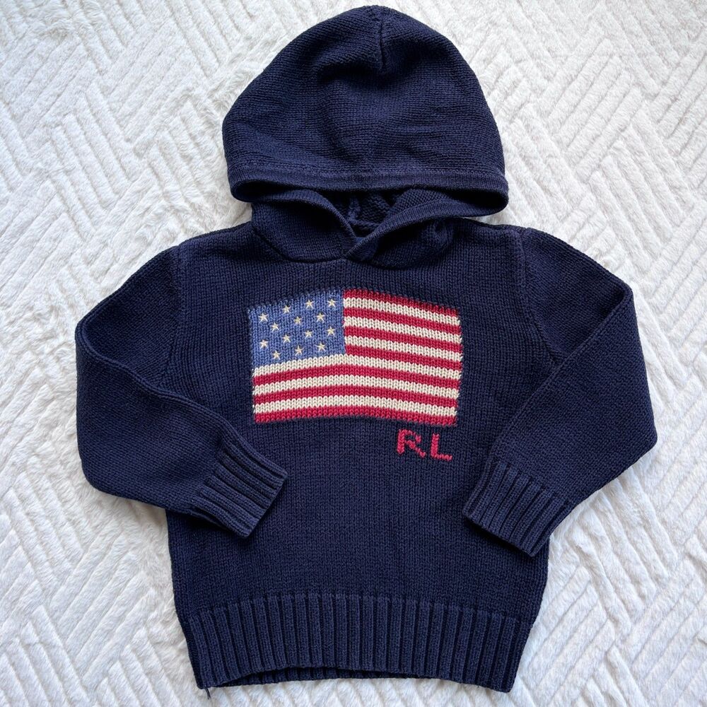 Polo Ralph Lauren Boys Size 3T Navy American Flag Cotton Hooded Knit Sweater